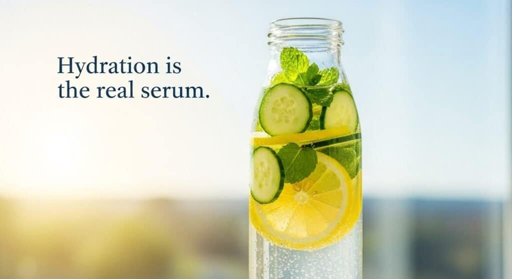 Infused water with lemon and cucumber showing natural hydration for glowing skin.