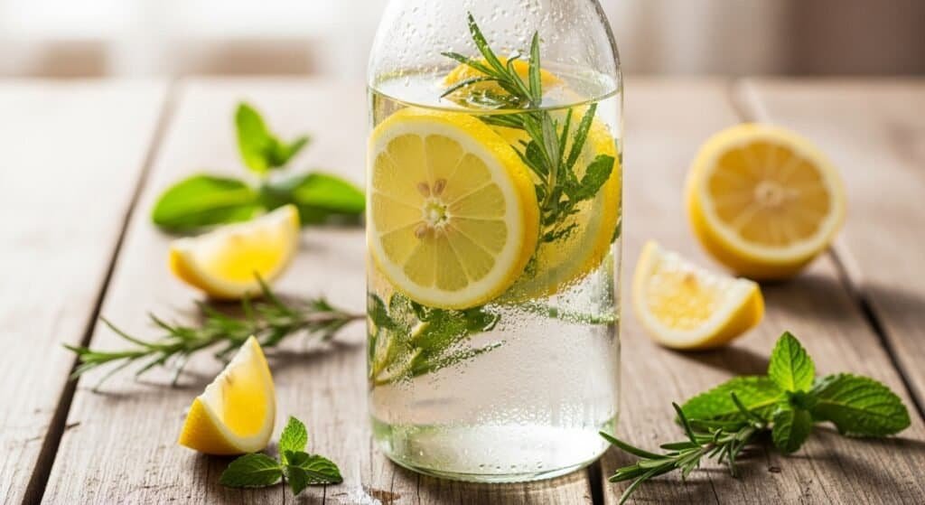 Glass bottle of infused water with lemon, representing hydration for fertility