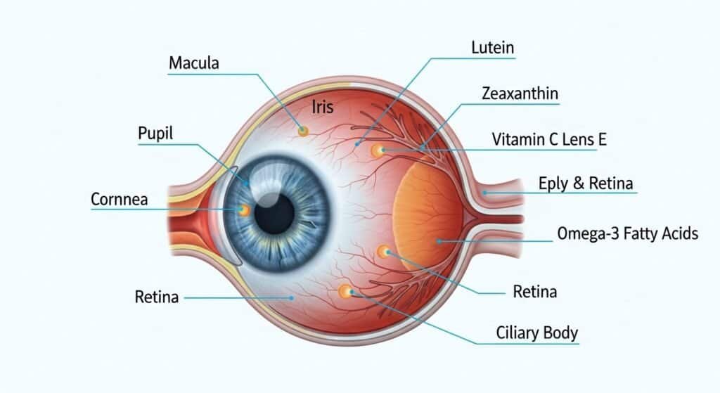 Scientific illustration showing how nutrients support eye health and vision