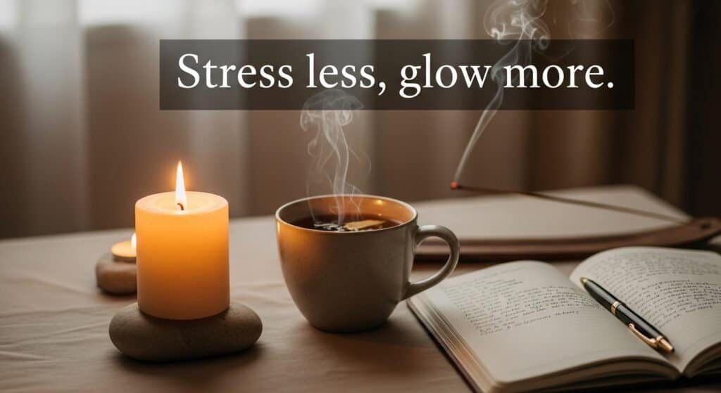 Calm meditation and journaling setup promoting stress relief and youthful skin.