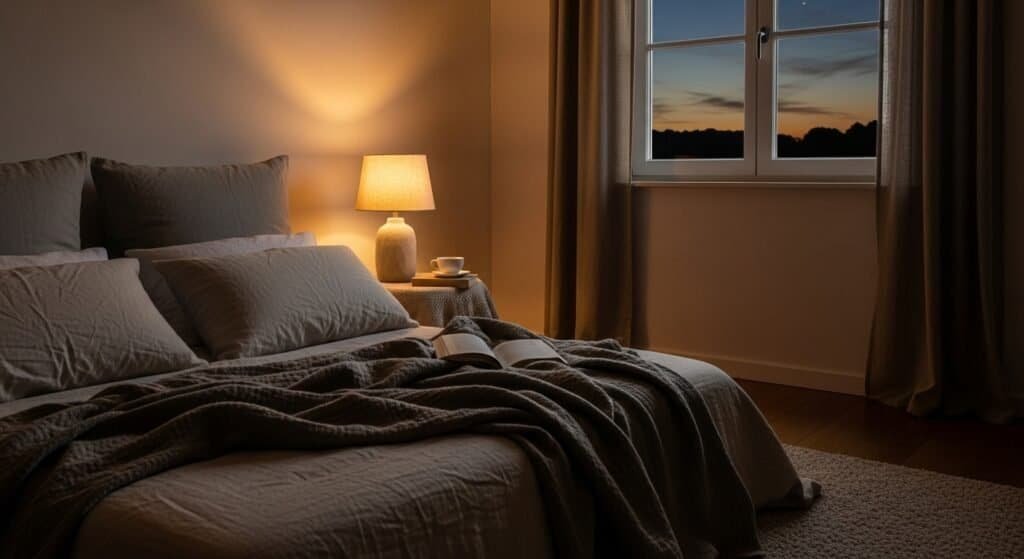 Bedroom at dusk with calming lighting, promoting restful night