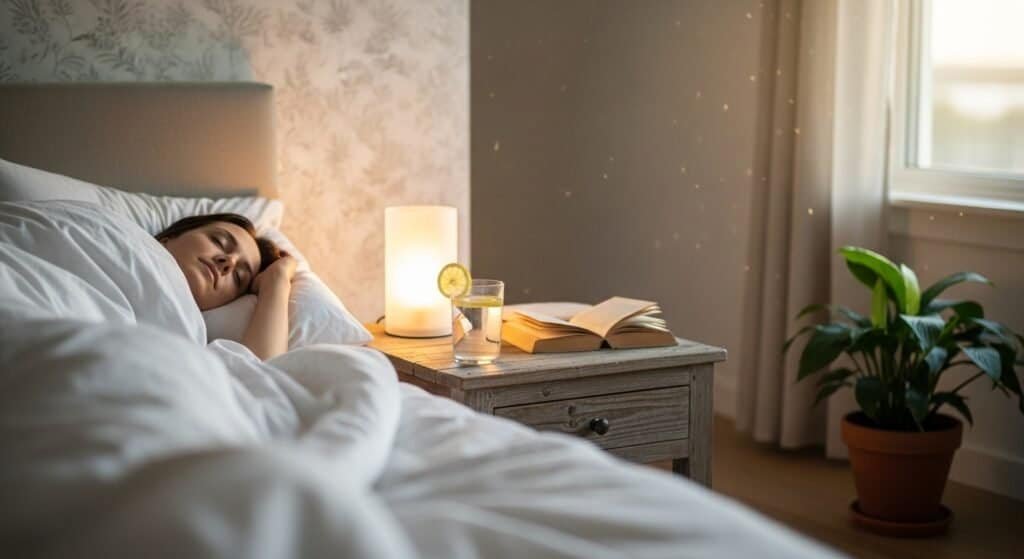 Peaceful bedroom scene symbolizing rest, hydration, and recovery for healthy eyes
