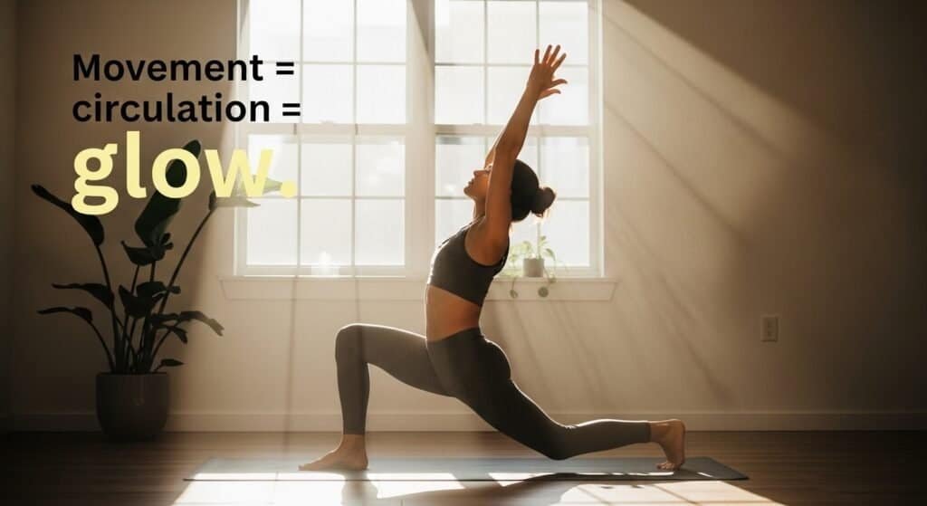 Woman doing yoga outdoors, promoting circulation and healthy skin.