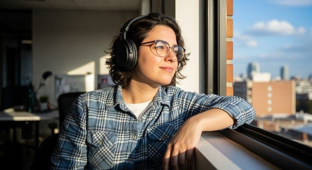 Person gazing out of window taking a short visual break to relax eyes