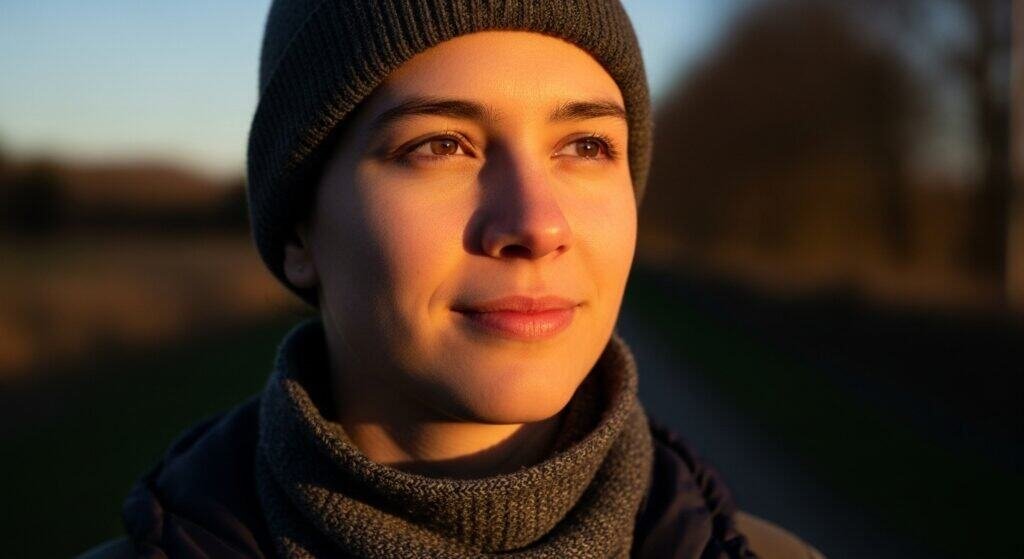 Person walking outdoors in sunlight, symbolizing natural vision improvement and calmness
