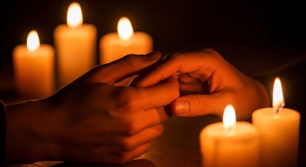 Hands touching softly by candlelight, suggesting ritual and reconnection