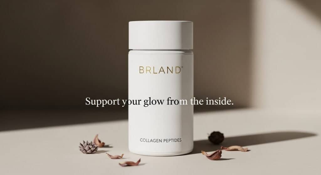 Natural collagen supplement bottle supporting skin elasticity and hydration.