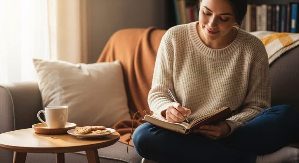 Woman journaling and practicing mindfulness to reduce fertility stress