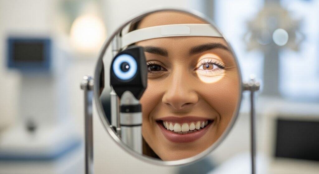 Patient smiling during eye exam showing improvement in vision clarity