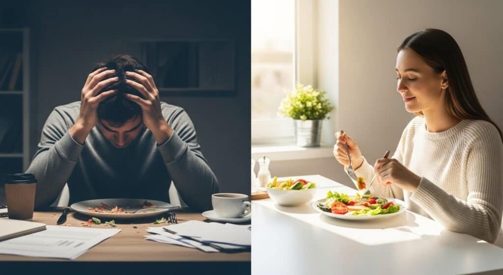 Woman relaxing with tea and journal to reduce emotional eating and stress-related cravings naturally.
