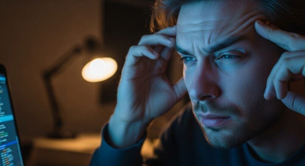 Person squinting at laptop, showing eye fatigue from screen time